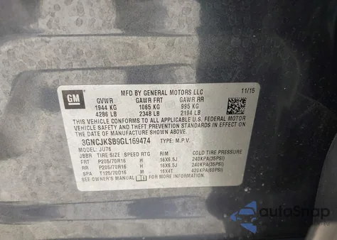 2016 Chevrolet Trax 1Ls z USA, uszkodzony, nr VIN 3GNCJKSB9GL169474